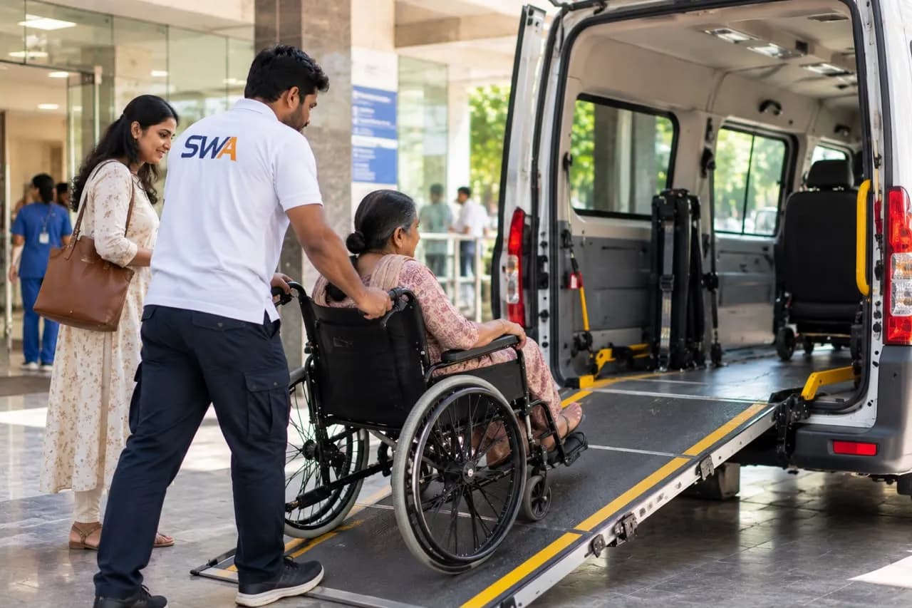 A SWA Guardian wheeling a patient up the ramp of a wheelchair-friendly vehicle